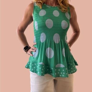 Green and grey polka dot Italian sleeveless shirt with peplum bottom